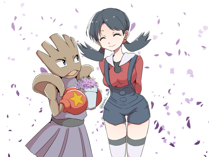 1girl ^_^ arms_behind_back black_hair blue_overalls boxing_gloves breasts closed_eyes commentary earrings falling_petals flower flower_pot gen_1_pokemon highres hitmonchan holding holding_flower_pot jewelry karai_san kris_(pokemon) long_hair medium_breasts nintendo overalls petals pokemon pokemon_(creature) pokemon_adventures purple_flower red_shirt shirt smile star_(symbol) star_earrings thighhighs twintails twitter_username white_thighhighs