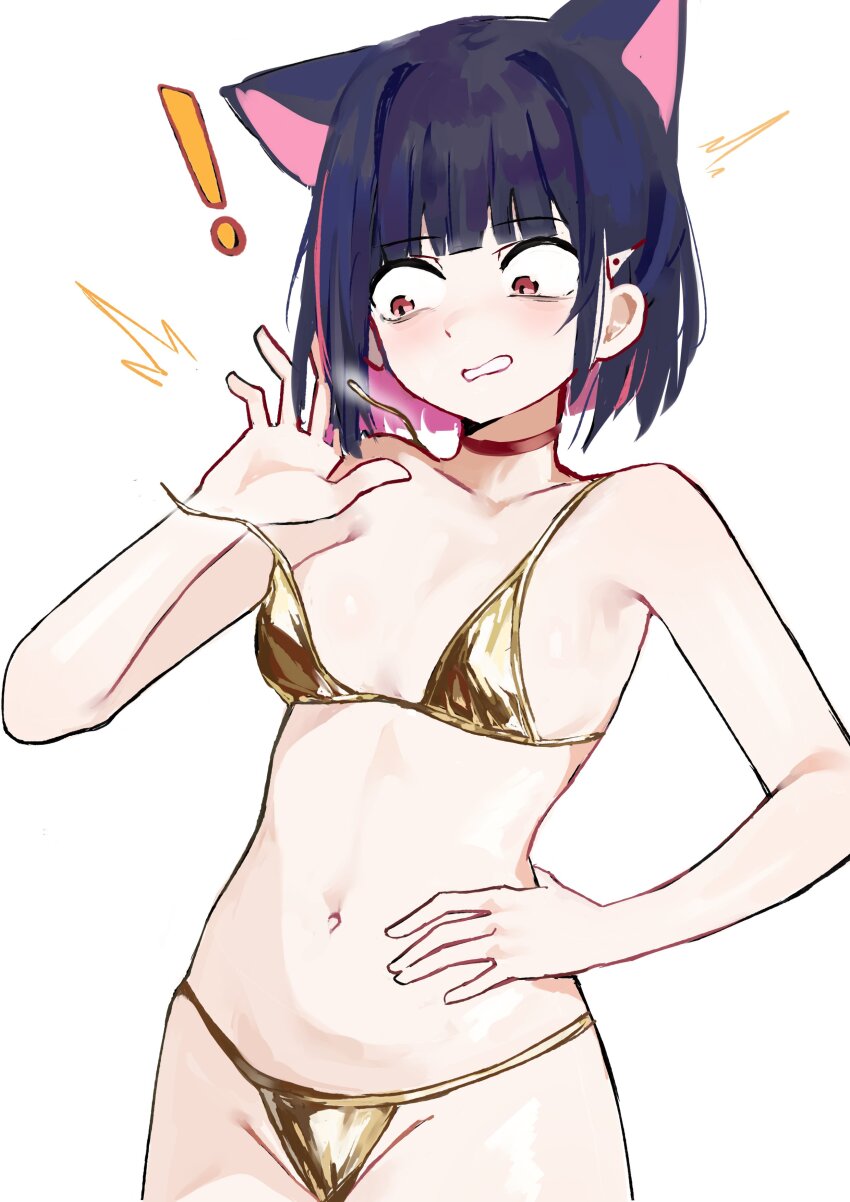 ! 1girl absurdres animal_ears bare_arms bikini black_hair blue_archive cat_ears choker colored_inner_hair cowboy_shot extra_ears gold_bikini hair_ornament hairclip highres kazusa_(blue_archive) multicolored_hair navel pink_hair red_eyes remise short_hair simple_background solo stomach swimsuit white_background