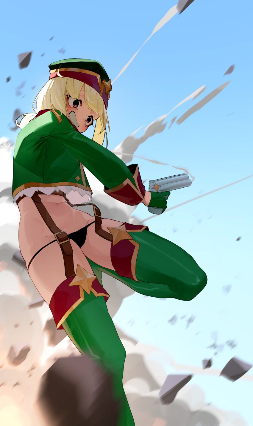 1girl absurdres araga_kiwi black_panties blonde_hair boots cropped_jacket day debris green_boots green_hat green_jacket grin gun hakhpu handgun hat highres holding holding_gun holding_weapon jacket leoparde_(mahou_shoujo_ni_akogarete) mahou_shoujo_ni_akogarete military_hat military_jacket navel outdoors panties pink_eyes smile solo teeth thigh_boots underwear weapon