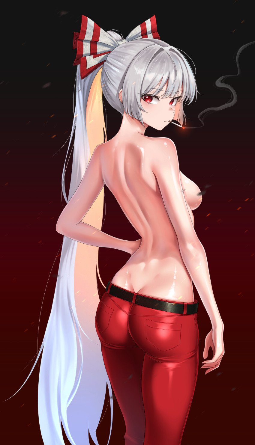 1girl absurdres ass back belt black_background black_belt bow breasts butt_crack cigarette convenient_censoring cowboy_shot embers expressionless fujiwara_no_mokou gradient_background grey_hair hair_bow hand_on_own_hip highres leo23 long_hair looking_at_viewer looking_back pants ponytail red_background red_eyes red_pants shiny_skin sideboob simple_background smoking solo tight_clothes tight_pants touhou very_long_hair white_bow
