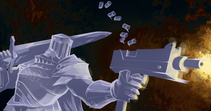 1boy armor blackgoal_knight dual_wielding elden_ring elden_ring:_shadow_of_the_erdtree greatsword gun highres holding mac-10/11 plate_armor sethklock shell_casing submachine_gun sword weapon