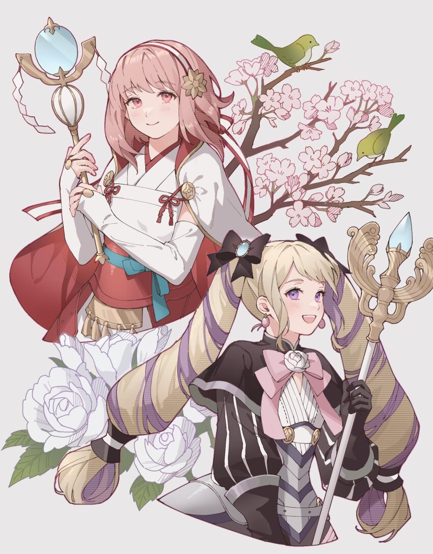 2girls ai_tkkm animal armor armored_dress bird black_bow black_capelet black_dress black_gloves blonde_hair blush bow capelet cherry_blossoms closed_mouth commentary cropped_torso detached_sleeves dress drill_hair earrings elise_(fire_emblem) fire_emblem fire_emblem_fates flower gloves grey_background hair_bow hairband highres holding holding_staff japanese_clothes jewelry kimono long_hair looking_at_viewer multiple_girls nintendo nontraditional_miko open_mouth pink_eyes pink_flower pink_hair purple_eyes rose sakura_(fire_emblem) short_hair simple_background smile staff twin_drills twintails very_long_hair white_flower white_hairband white_kimono white_rose white_sleeves