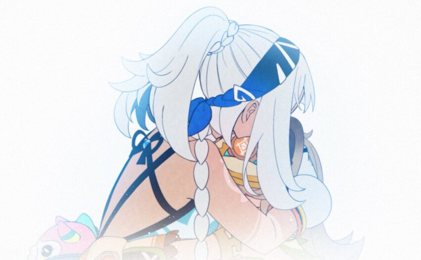 animal_ears bare_shoulders blue_hair blue_hairband body_markings brown_hair closed_eyes dark_skin fish genshin_impact gloves hairband hug kachina_(genshin_impact) mualani_(genshin_impact) puffer_fish red_eyes siro_50 tan twintails vision_(genshin_impact) visor_cap white_background white_hair