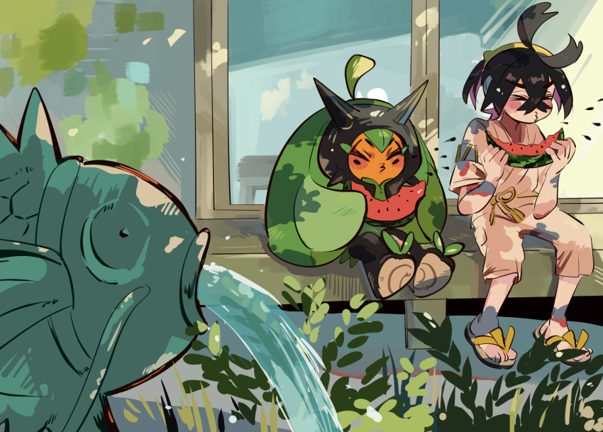&gt;3&lt; 1boy assassinookayu black_hair blush creatures_(company) crossed_bangs food fountain fruit game_freak gen_1_pokemon hairband highres holding holding_food holding_fruit japanese_clothes kieran_(pokemon) magikarp male_focus nintendo ogerpon outdoors pokemon pokemon_(creature) pokemon_sv purple_hair sandals short_sleeves sitting veranda water watermelon watermelon_seeds watermelon_slice yellow_hairband