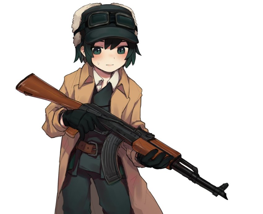 1girl ak-47 akm androgynous assault_rifle belt_pouch black_gloves blush coat fur_hat gloves goggles goggles_on_headwear green_eyes green_hat green_pants gun hat highres holding holding_gun holding_weapon kalashnikov_rifle kino_(kino_no_tabi) kino_no_tabi kpe934k0s282b2 leather_belt pants pouch reverse_trap rifle simple_background solo standing sweatdrop tomboy trench_coat weapon white_background