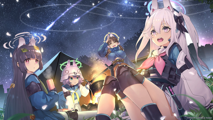4girls animal_ears black_hair blue_archive breasts campfire camping comet commentary_request fake_animal_ears glasses halo helmet highres knee_pads large_breasts leaf leaf_on_head long_hair miyako_(blue_archive) miyu_(blue_archive) moe_(blue_archive) multiple_girls official_art open_mouth rabbit_platoon_(blue_archive) saki_(blue_archive) school_uniform short_hair sitting sky star_(sky) starry_sky teddypocky
