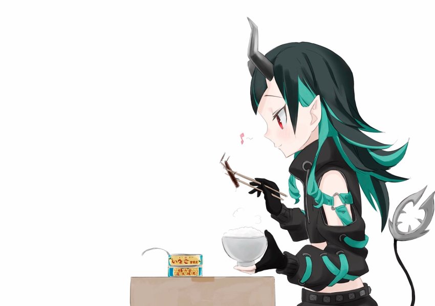 1girl nanashi_inc. asymmetrical_gloves belt black_gloves black_hair black_jacket black_skirt blue_belt blue_hair bowl bug chopsticks closed_mouth clothing_cutout cockroach commentary_request cropped_jacket cross-laced_clothes cross-laced_sleeves demon_girl demon_horns demon_tail flat_chest gin_(tttetu123) gloves highres holding holding_bowl holding_chopsticks horns insect jacket long_hair long_sleeves looking_down multicolored_hair musical_note partially_fingerless_gloves pointy_ears red_eyes rice rice_bowl shishio_chris shoulder_cutout simple_background skirt smile solo sugar_lyric tail two-tone_hair upper_body virtual_youtuber white_background