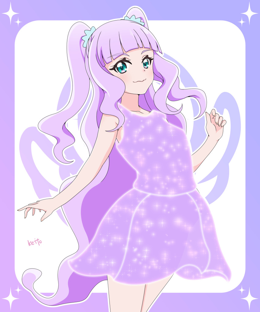 1girl absurdres anime_coloring aqua_eyes arched_bangs armpit_peek artist_name bare_arms bare_legs blush border breasts closed_mouth collarbone commentary cowboy_shot dress ellee-chan fingernails four-pointed_star glowing glowing_dress gradient_border hair_ornament hair_tie hand_up henshin highres hirogaru_sky!_precure legs_together light_blush long_hair looking_at_viewer outline precure purple_border purple_dress sakuragawa3710 short_dress sleeveless sleeveless_dress small_breasts smile solo sparkle sparkling_clothes standing sundress two_side_up very_long_hair wavy_hair wavy_mouth white_background white_outline
