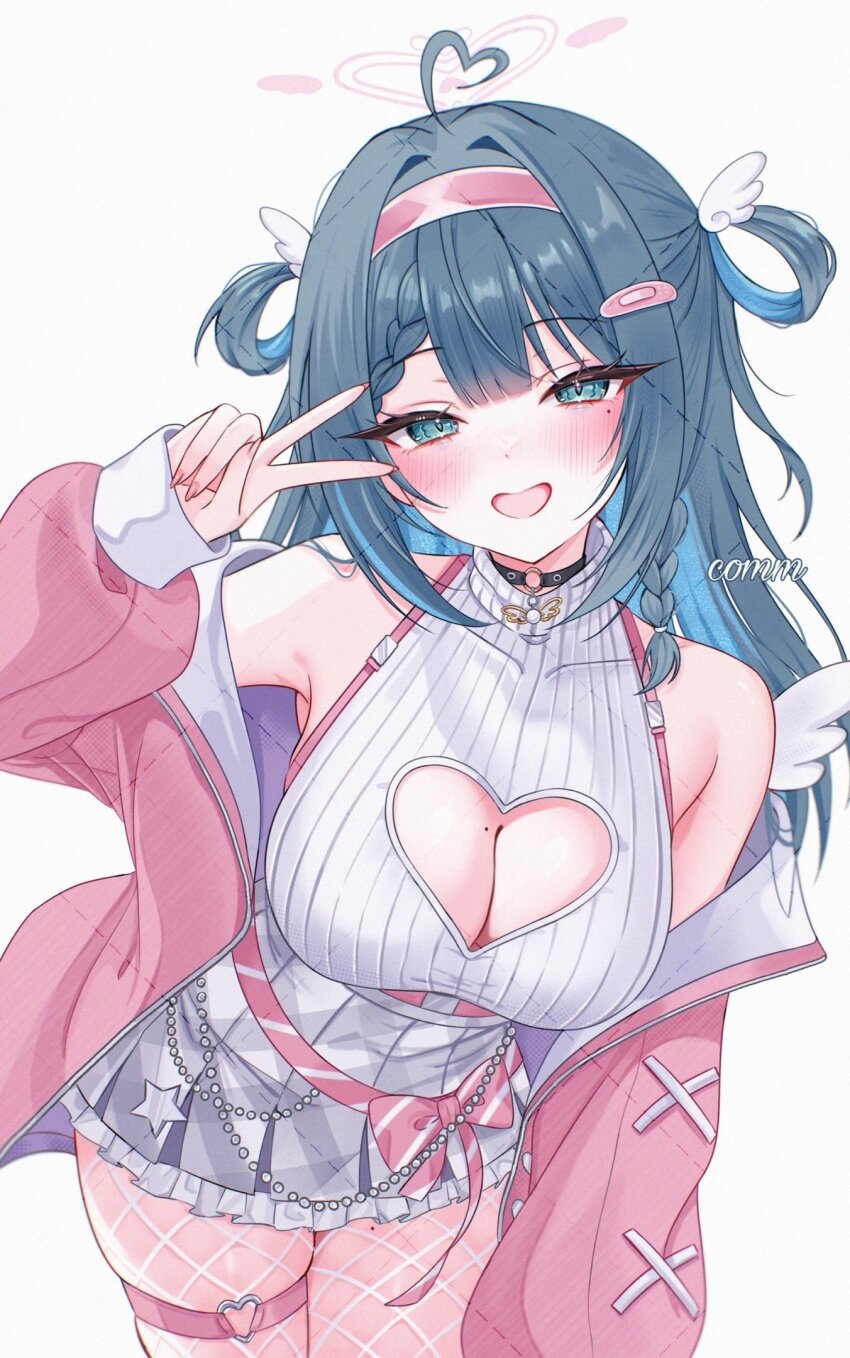 1girl ahoge amano_nene_(vtuber) angel_wings black_choker blue_eyes blue_hair blush braid braided_bangs breasts chest_harness choker cleavage cleavage_cutout clothing_cutout commentary commission cowboy_shot english_commentary fishnet_pantyhose fishnets grey_skirt hair_between_eyes hair_ornament hair_rings hairband hairclip halo harness heart heart_ahoge heart_cutout heart_halo heart_o-ring highres indie_virtual_youtuber jacket large_breasts leaning_forward long_hair long_sleeves looking_at_viewer mini_wings mole mole_on_breast mole_on_thigh mole_under_eye o-ring o-ring_choker off_shoulder official_alternate_costume open_clothes open_jacket open_mouth pantyhose pink_hairband pink_jacket plaid_clothes plaid_skirt pleated_skirt ribbed_shirt shirt simple_background skindentation skirt sleeveless sleeveless_shirt sleeves_past_wrists smile solo standing star_(symbol) thigh_strap turtleneck turtleneck_shirt v virtual_youtuber white_background white_shirt wings zxcsque