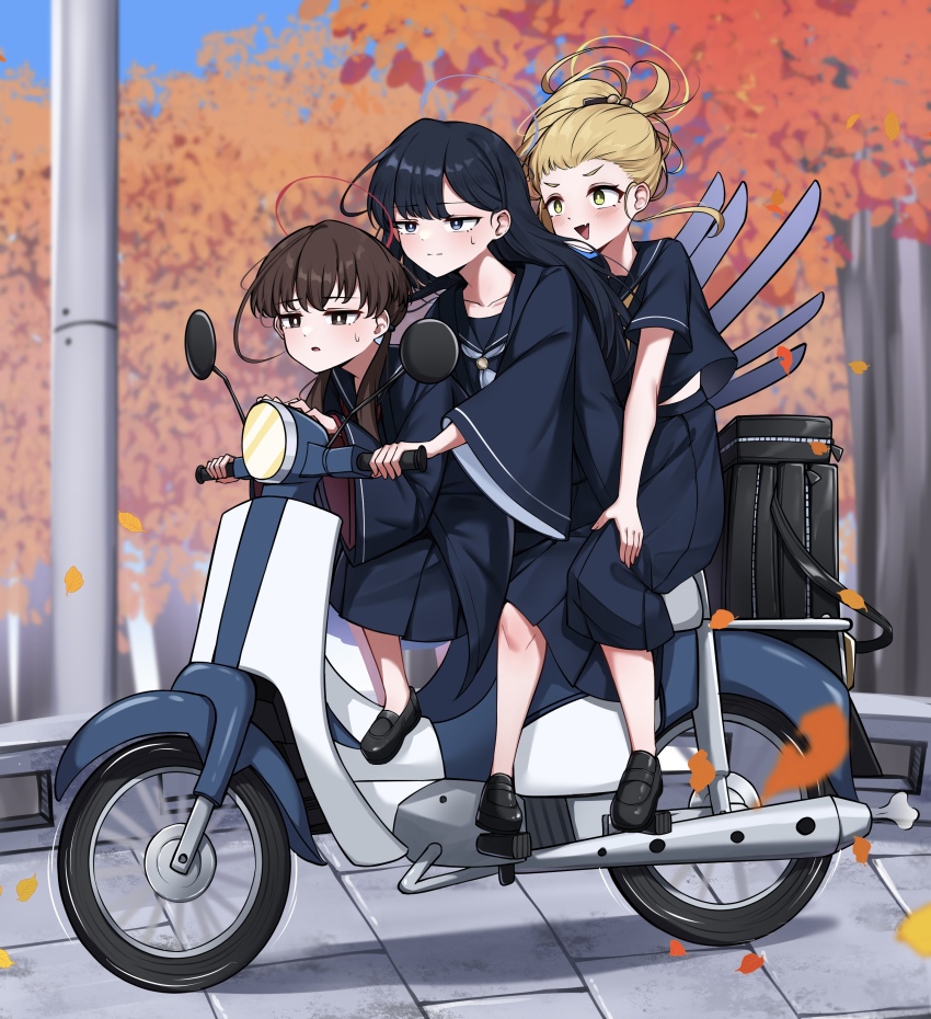 3girls absurdres black_bag black_hair blonde_hair blue_halo blue_shirt blue_skirt brown_hair character_request commentary falling_petals gekhuay halo highres long_hair long_skirt looking_to_the_side motor_vehicle multiple_girls ohitome_kohane on_scooter outdoors petals project_kv red_halo school_uniform scooter shirt skirt sweatdrop yellow_eyes yellow_halo