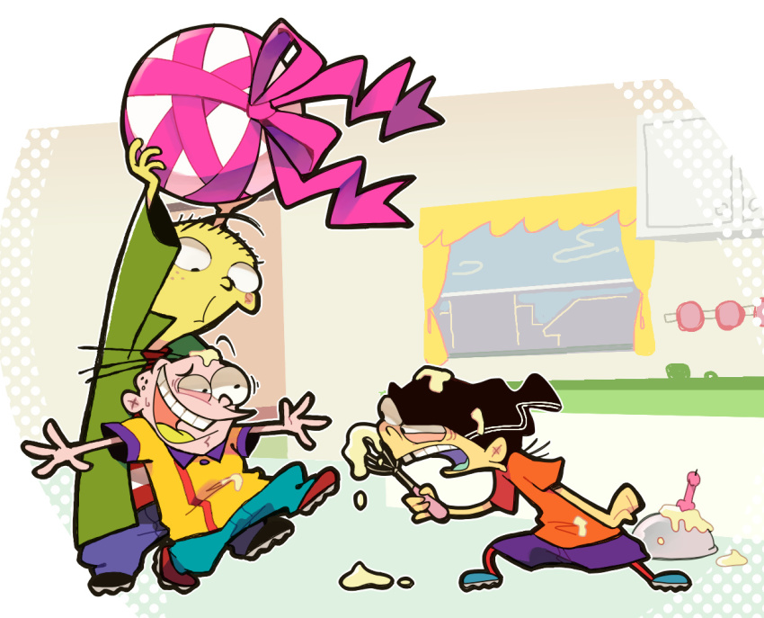 3boys annoyed blue_footwear candy cartoon_network ed_(ed_edd_n_eddy) ed_edd_n_eddy edd_(ed_edd_n_eddy) eddy_(ed_edd_n_eddy) expressionless food green_jacket hat holding jacket kitchen looking_at_another male_focus multiple_boys orange_shirt pants purple_shorts ribbon shirt shoes shorts simple_background smile tsunoji yellow_shirt