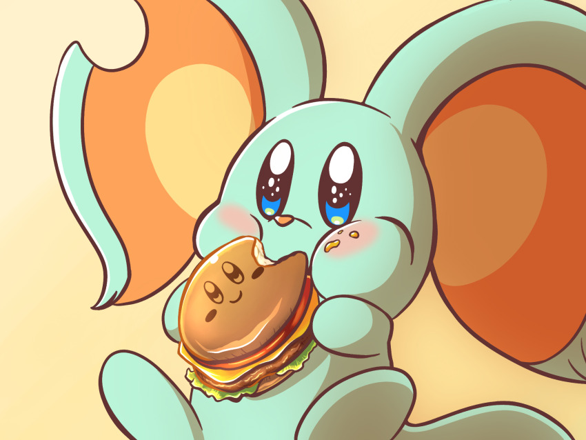 animal_ears burger ddddndn eating elfilin food food_on_face highres holding holding_food kirby_(series) kirby_and_the_forgotten_land kirby_burger mouse_ears nintendo no_humans notched_ear solid_oval_eyes solo tail yellow_background