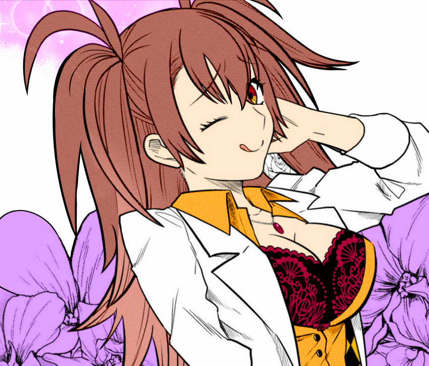 1girl blush bra breasts brown_hair dr._arach floral_background highres lab_coat lace lace_bra large_breasts long_hair looking_at_viewer metarogu non-web_source official_art orange_vest tongue tongue_out tsukihime tsukihime_(remake) underwear vest white_background