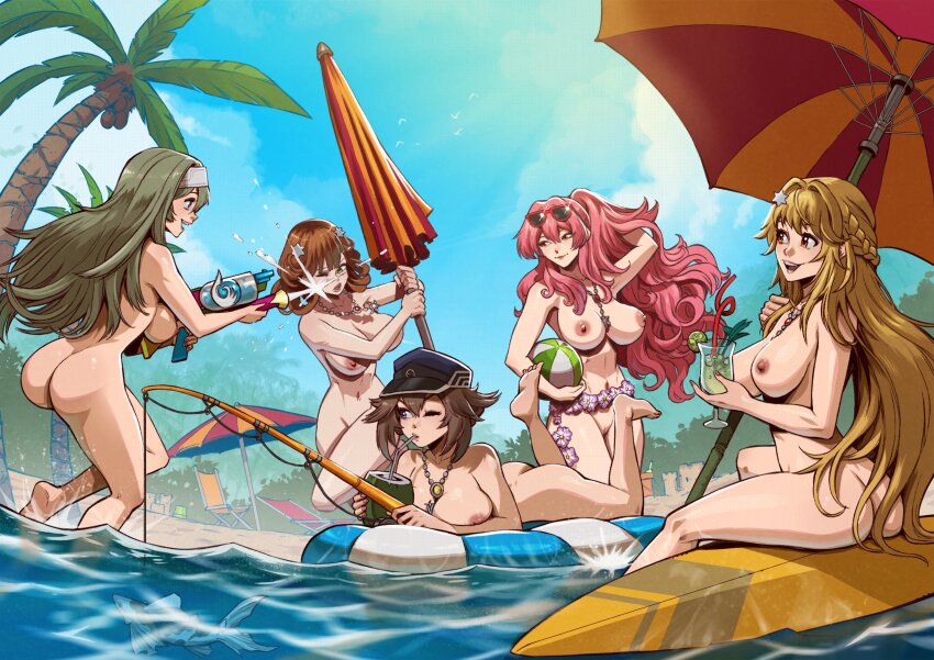 5girls absurdres ass ball beach beach_chair beachball blonde_hair blue_sky braid breasts brown_hair cloud coconut commentary completely_nude cup danusko day drinking drinking_straw duel_monster english_commentary exosister_elis exosister_irene exosister_martha exosister_sophia exosister_stella eyewear_on_head fish fishing fishing_rod flower green_eyes grey_hair highres holding holding_cup holding_fishing_rod holding_water_gun jewelry large_breasts long_hair medium_hair multiple_girls navel necklace nipples nude ocean one_eye_closed open_mouth orange_eyes outdoors palm_tree parasol pink_hair purple_eyes sand_castle sand_sculpture sky smile squirting_liquid sunglasses surfboard teeth tree umbrella upper_teeth_only very_long_hair water_gun yu-gi-oh!