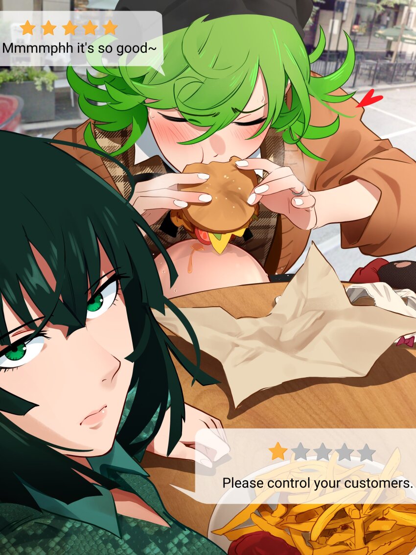 1boy absurdres bald blurry blurry_background blush bow bow_panties brown_cardigan building burger cardigan closed_eyes closed_mouth curly_hair eating english_text food french_fries fubuki_(one-punch_man) green_eyes green_hair green_shirt hair_between_eyes heart highres holding holding_food implied_cunnilingus jewelry ketchup khyle. long_sleeves looking_at_viewer nail_polish one-punch_man panties photo_background red_bow ring saitama_(one-punch_man) shirt siblings sisters tatsumaki underwear unworn_panties wedding_ring white_nails white_panties