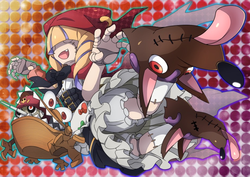 1girl basket brown_footwear chaperomon digimon digimon_(creature) doll drill_hair fang holding holding_basket hood hood_up pinochimon puffy_shorts red_hood roy_payne shirt shorts solo twin_drills white_shirt white_shorts