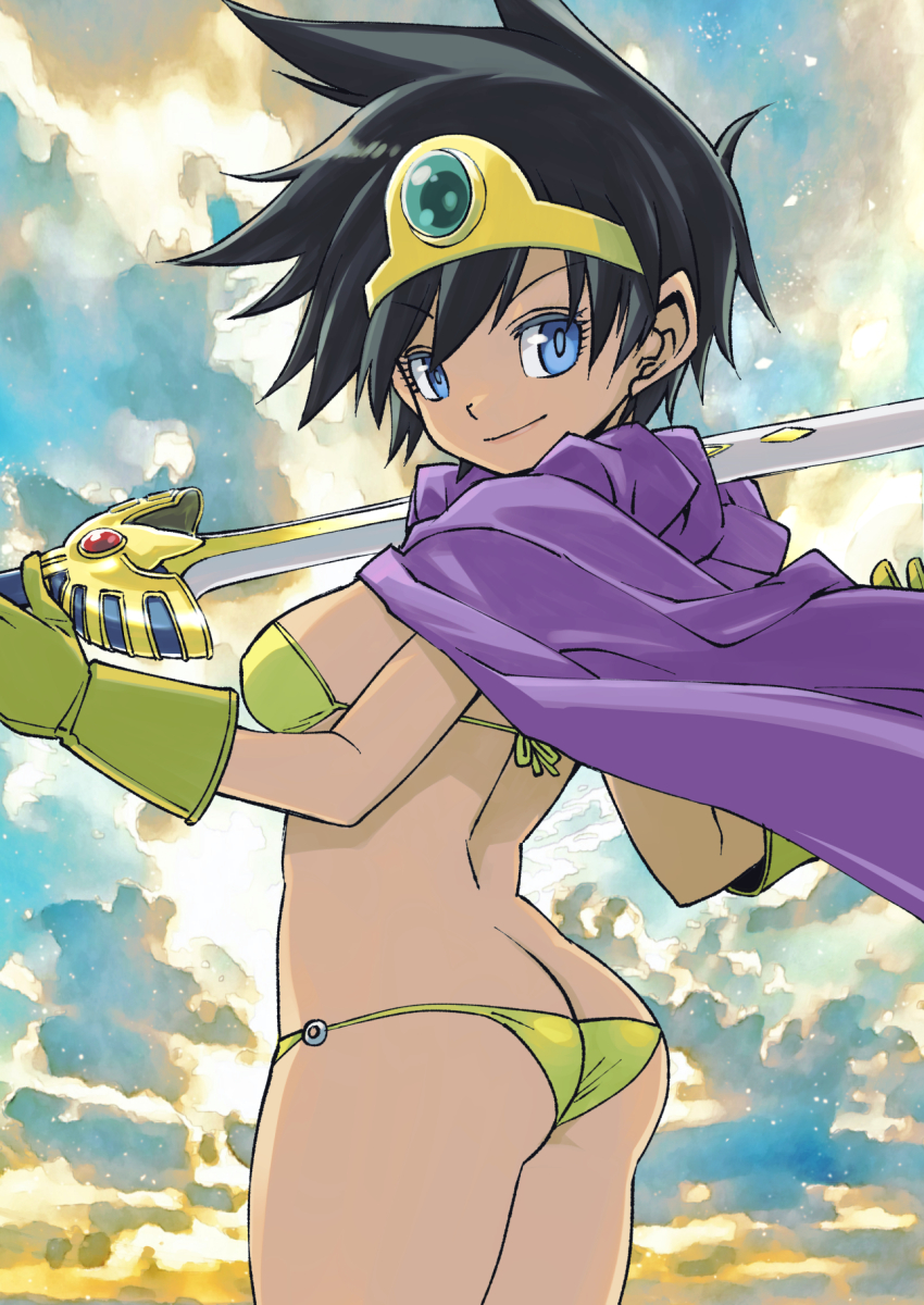 1girl ass bikini black_hair blue_eyes breasts cape cloud dragon_quest dragon_quest_iii from_behind gloves green_bikini green_gloves headgear heroine_(dq3) highres holding holding_sword holding_weapon looking_at_viewer looking_back medium_breasts muramasa_mikado purple_cape roto_(dq3) short_hair sky smile square_enix standing swimsuit sword weapon