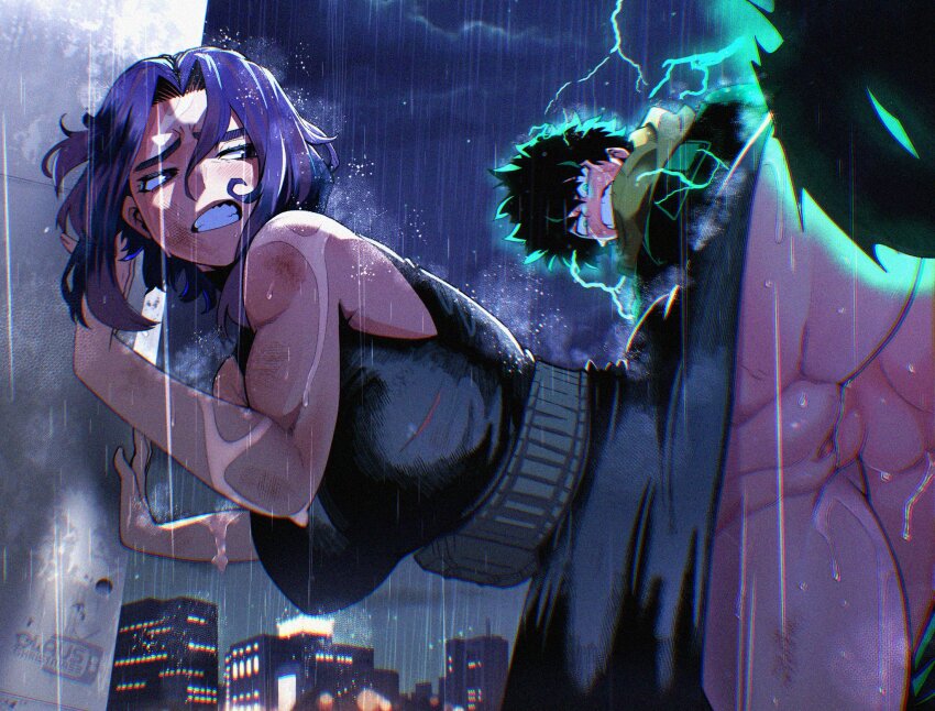 1boy 1girl against_wall artist_name aura black_dress boku_no_hero_academia breasts chromatic_aberration city clauschristmas clenched_teeth clitoral_hood clitoris cloud cloudy_sky commentary dress from_below glowing glowing_eyes hands_up hetero highres lady_nagant large_breasts leg_up lightning looking_at_another looking_back midoriya_izuku no_panties outdoors penis purple_hair pussy rain sex sex_from_behind sky standing standing_sex teeth toned toned_male uncensored vaginal watermark wet