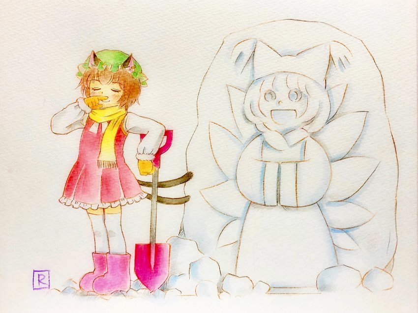 1girl :d animal_ears animal_hat boots cat_ears character_snowman chen closed_eyes finger_to_own_nose fox_ears full_body gloves hat highres mob_cap multiple_tails nekomata open_mouth orange_gloves over-kneehighs mob_cap q-bee_(aaru) scarf shovel smile smug snowman solo standing tail thighhighs touhou white_thighhighs yakumo_ran yellow_scarf