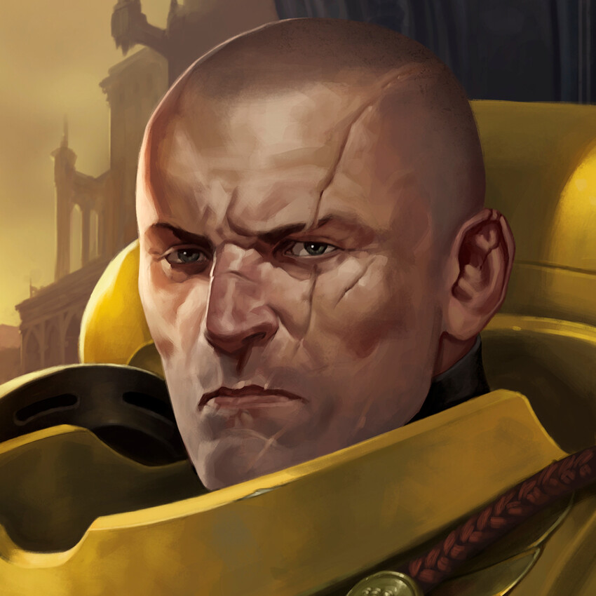 1boy adrian4rt armor bald breastplate brown_eyes building bullet_hole chapter_master_valrak close-up closed_mouth commentary commission couter english_commentary highres imperial_fists male_focus original pauldrons power_armor rerebrace scar scar_on_face shoulder_armor solo upper_body warhammer_40k yellow_armor