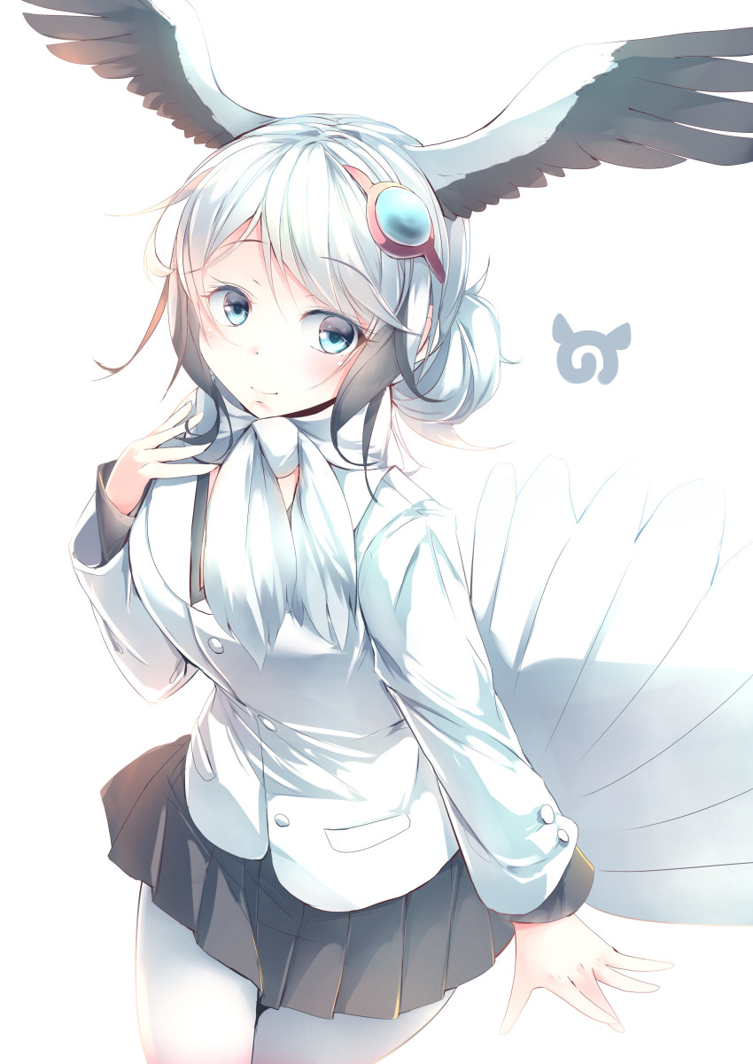 1girl absurdres backlighting bird_tail black_hair black_skirt blue_eyes commentary_request cowboy_shot female_focus hair_bun hair_ornament head_wings highres jacket japari_symbol kanzakietc kemono_friends long_sleeves looking_at_viewer multicolored_hair oriental_stork_(kemono_friends) pantyhose pleated_skirt scarf simple_background single_hair_bun skirt smile solo spread_wings tail two-tone_hair white_background white_hair white_jacket white_pantyhose white_scarf wings