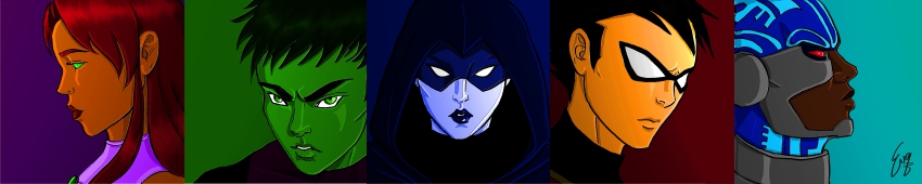2girls 3boys absurdres bald beast_boy_(dc) black_hair colored_skin cyborg cyborg_(dc) dark_skin dc_comics dick_grayson domino_mask garfield_logan green_eyes green_hair green_skin highres hood mask multicolored_background multiple_boys multiple_girls orange_skin pale_skin raven_(dc) red_hair robin_(dc) starfire teen_titans victor_stone