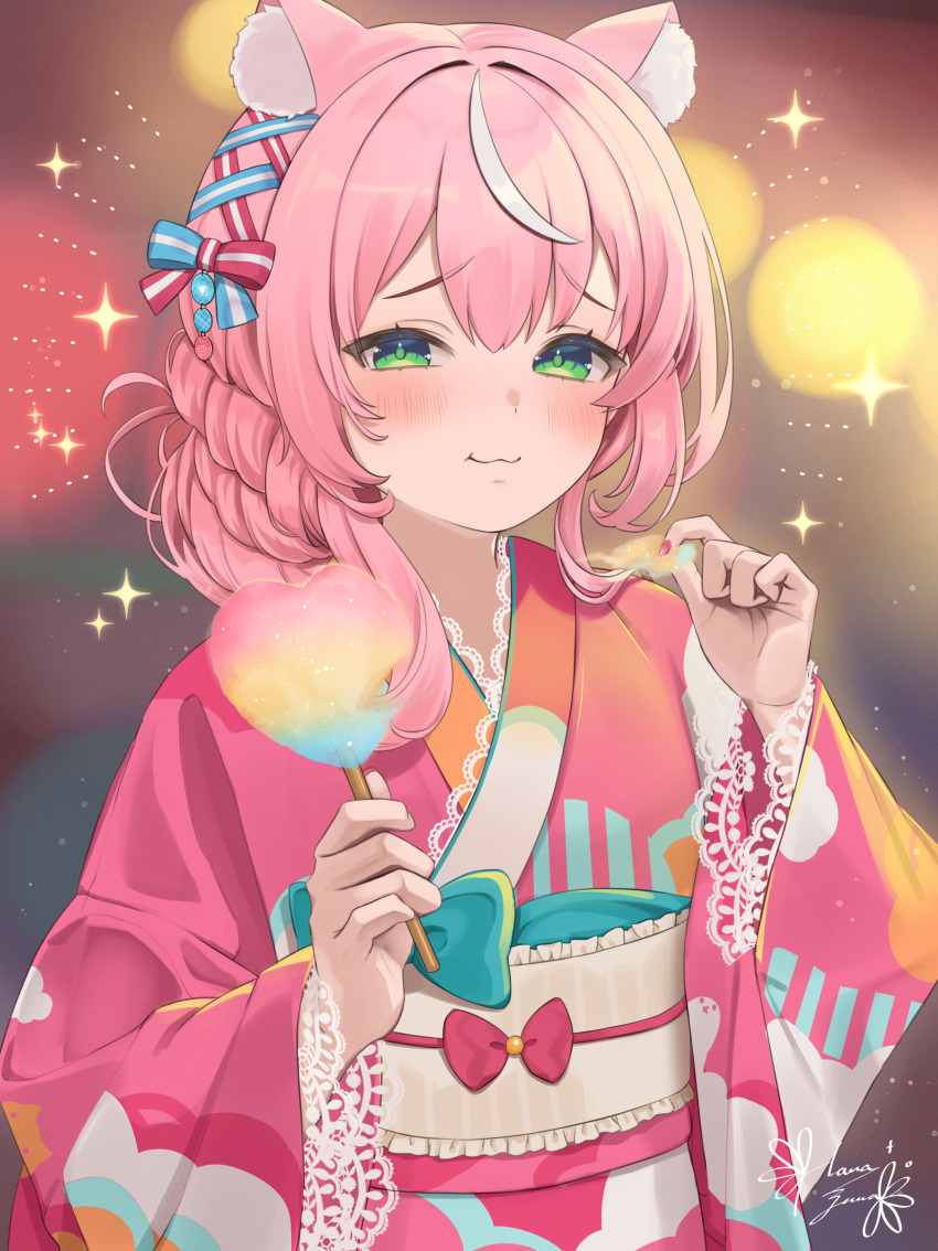 1girl :3 absurdres animal_ear_fluff animal_ears blurry blush bokeh candy cat_ears cotton_candy depth_of_field eating food hair_between_eyes hanazawa_ma highres holding holding_candy holding_cotton_candy holding_food japanese_clothes kimono looking_at_viewer nijisanji nijisanji_kr obi pink_hair pink_kimono pink_nails sash signature solo sparkle summer_festival virtual_youtuber yang_nari yukata