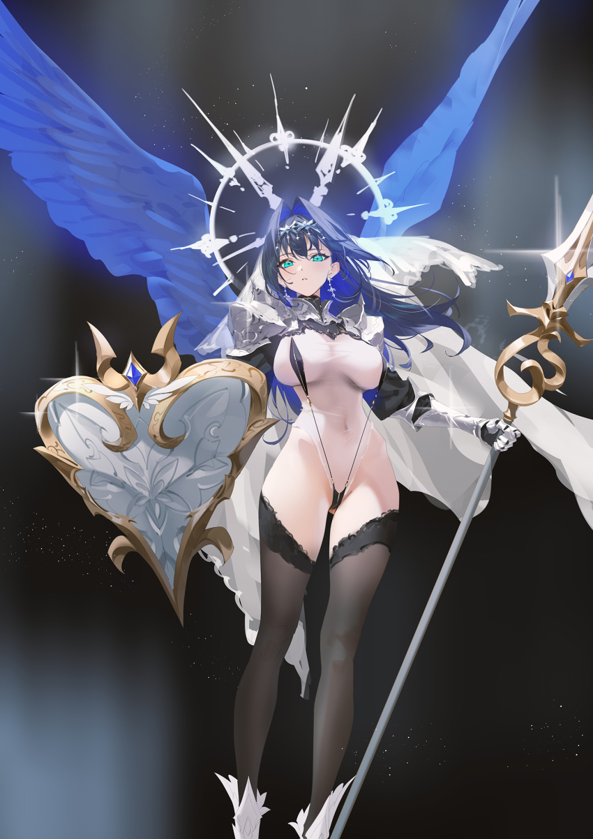 1girl alternate_costume armor black_background black_shrug blue_eyes blue_hair blue_wings breasts colored_inner_hair commentary covered_navel earrings fanged_bangs feathered_wings gauntlets hair_between_eyes hair_flaps hair_intakes headband highres holding holding_polearm holding_shield holding_weapon hololive hololive_english jewelry large_breasts leotard long_hair multicolored_hair ouro_kronii polearm see-through_clothes see-through_leotard shield shoulder_armor shrug_(clothing) simple_background solo spear veil virtual_youtuber weapon white_leotard white_veil wings yd_(orange_maru)