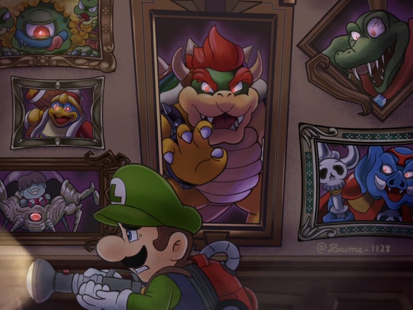 1girl 6+boys blue_eyes bowser brown_hair cape copyright_request cyclops dark donkey_kong_(series) facial_hair flashlight ganon green_hat grin hat holding holding_flashlight holding_staff horror_(theme) kid_icarus_(nes) king_dedede king_k._rool kirby_(series) licking_lips luigi luigi&#039;s_mansion male_focus mario_(series) medusa_(kid_icarus) mother_(series) mother_2 multiple_boys mustache nintendo one-eyed porky_minch smile snake_hair staff suruga_kanade thick_eyebrows tongue tongue_out twitter_username