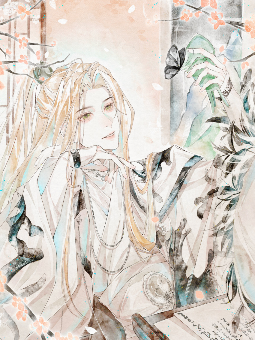 1boy absurdres arm_up blonde_hair branch chinese_clothes cup curtained_hair eyelashes falling_petals flower green_eyes hair_over_shoulder hand_on_own_cheek hand_on_own_face hanfu head_rest high_ponytail highres holding holding_cup indoors jewelry long_hair looking_ahead looking_at_object male_focus necklace orange_flower orange_petals pale_skin paper parted_bangs petals pili_budaixi ponytail pouring quill shirt sidelocks sitting smile solo suxiatian teeth upper_body water white_flower white_hanfu white_petals white_shirt xiao_guan_(headdress) yu_shao