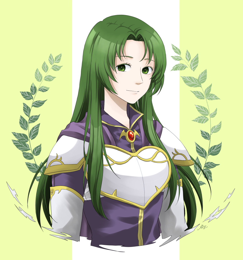 1girl absurdres armor breastplate cecilia_(fire_emblem) closed_mouth collar commentary_request curtained_hair fire_emblem fire_emblem:_the_binding_blade gold_trim green_background green_eyes green_hair highres long_hair midori_no_baku nintendo shoulder_armor smile solo two-tone_background upper_body white_background