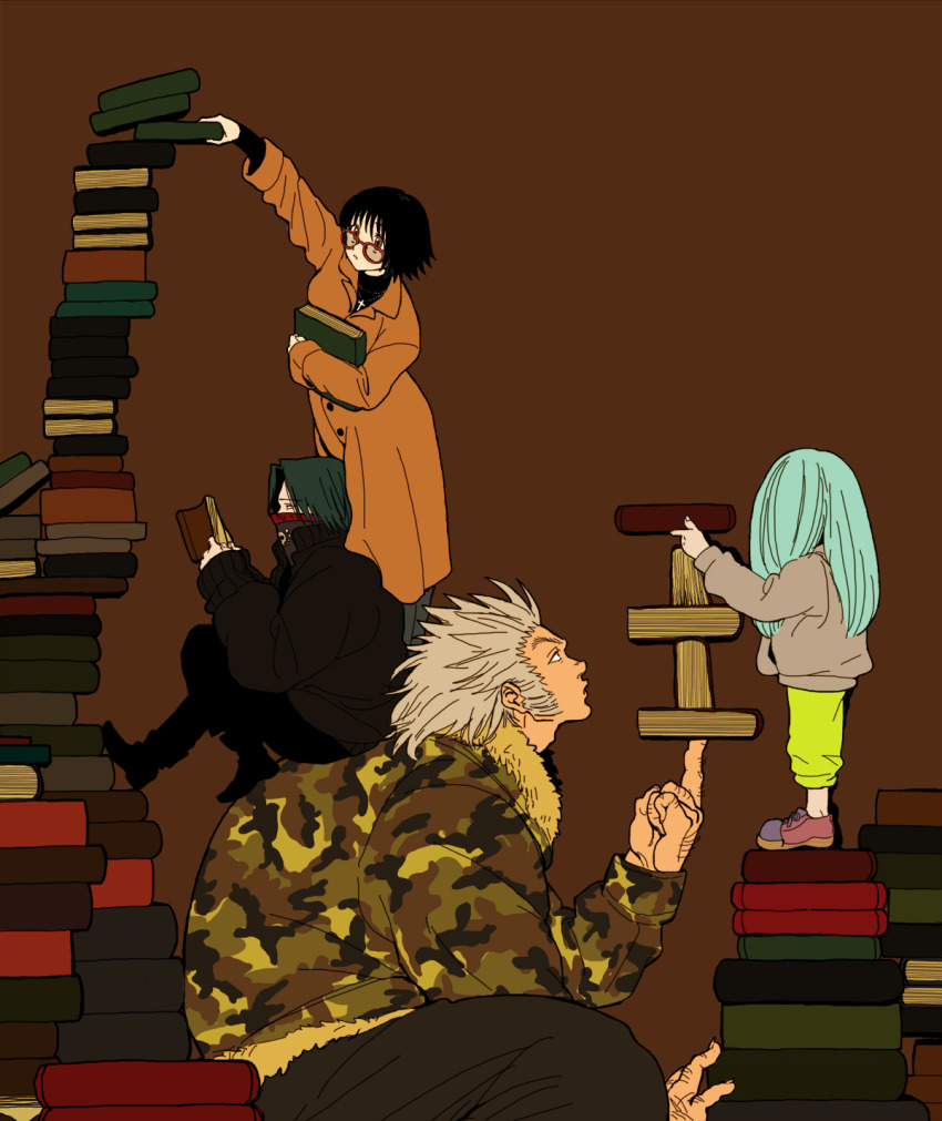 1girl 3boys balancing black_hair black_jacket blue_hair book book_stack brown_background camouflage camouflage_jacket coat covered_mouth facial_hair feet_out_of_frame feitan_portor from_side full_body fur-trimmed_jacket fur_trim glasses grey_hair hair_over_face hanba_guyokota high_collar highres holding holding_book hunter_x_hunter jacket korutopi medium_hair multiple_boys mutton_chops orange_coat reading shizuku_murasaki short_hair sitting sitting_on_person spiked_hair standing_on_person uvogin
