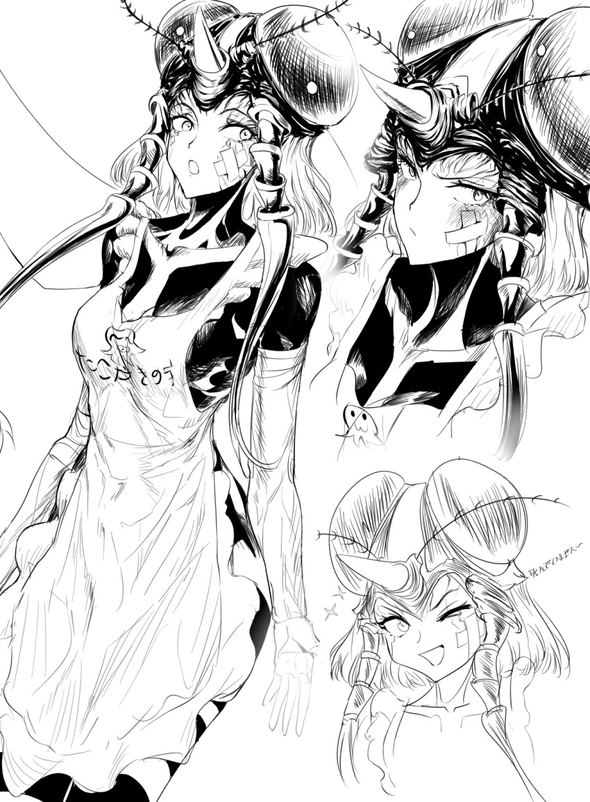 1girl apron arthropod_girl bandaid bandaid_on_cheek bandaid_on_face breasts greyscale highres large_breasts monochrome mosquito_girl mosquito_musume multiple_views one-punch_man one_eye_closed smile wink
