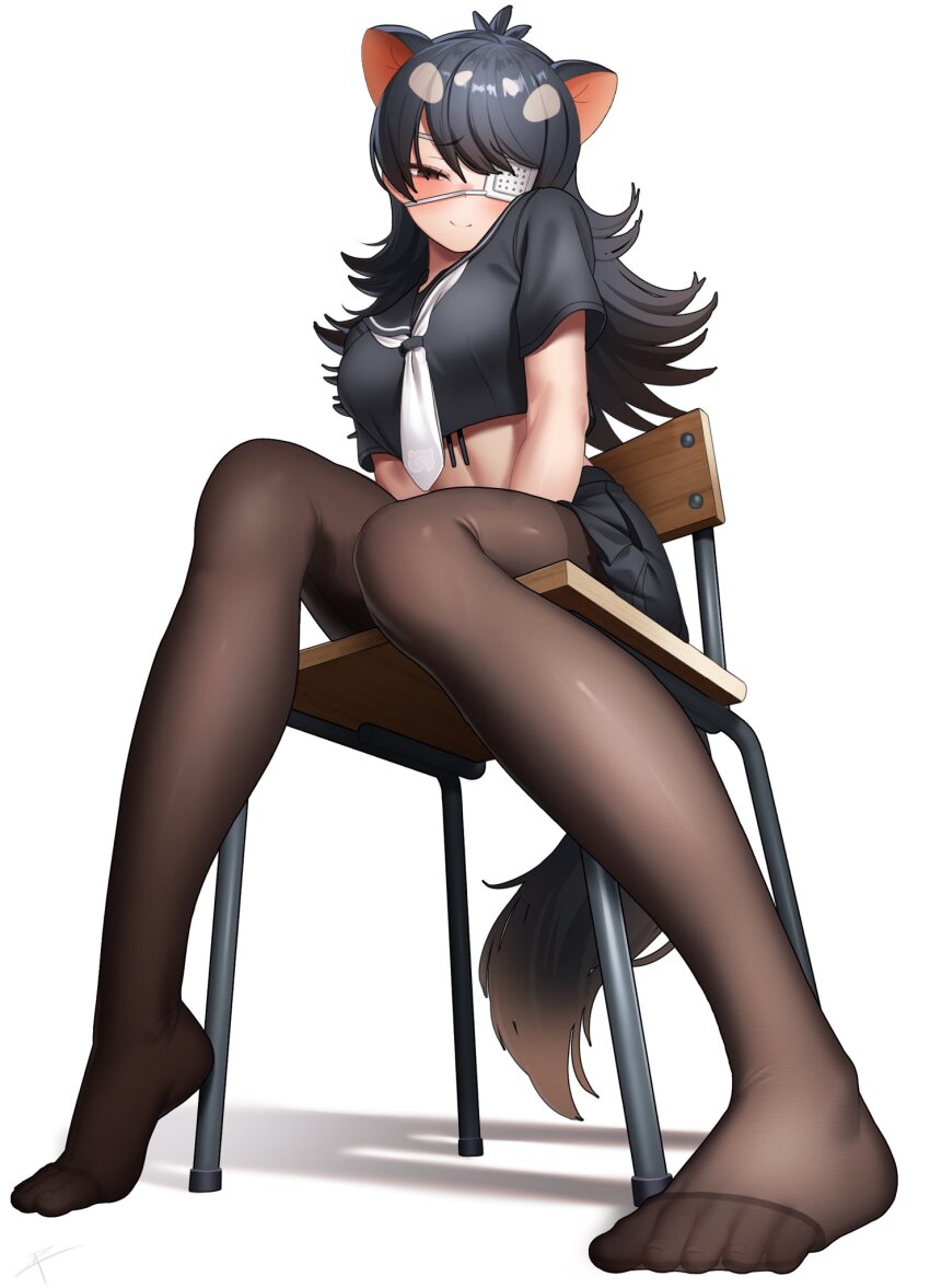 1girl alternate_costume animal_ears australian_devil_(kemono_friends) bare_arms black_hair black_shirt black_skirt brown_eyes brown_hair brown_pantyhose chair closed_mouth colored_tips cropped_shirt deku_suke extra_ears eyepatch feet from_below full_body furrowed_brow grey_hair half-closed_eye highres kemono_friends kemono_friends_3 light_smile long_hair looking_at_viewer medical_eyepatch midriff miniskirt multicolored_hair no_shoes on_chair one_eye_covered pantyhose parted_bangs see-through_clothes see-through_legwear shirt short_sleeves simple_background sitting skirt solo stomach swept_bangs tail tasmanian_devil_ears tasmanian_devil_tail toenails toes