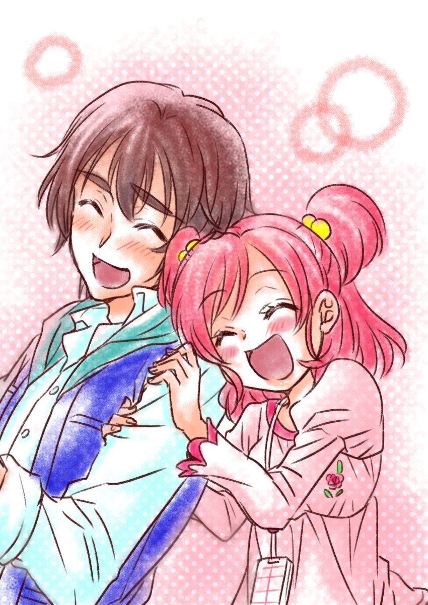 1boy 1girl :d absurdres blue_shirt blush brown_hair closed_eyes commentary couple curemo dress floral_print hair_behind_ear hetero highres holding_another&#039;s_arm kokoda_kouji lips long_sleeves open_mouth pink_dress pink_hair polka_dot polka_dot_background precure sakusakamin shirt short_hair smile thick_eyebrows two_side_up yes!_precure_5 yumehara_nozomi