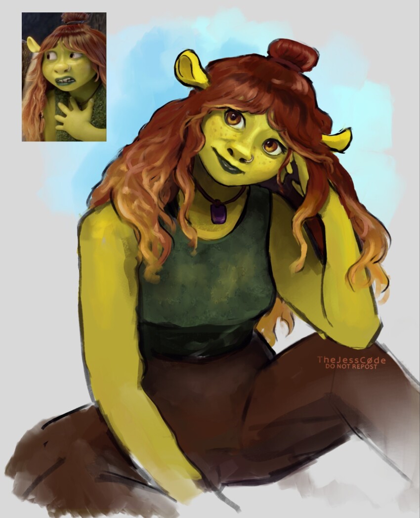 1girl artist_name brown_eyes brown_hair brown_pants colored_skin felicia_(shrek) green_shirt green_skin highres jewelry long_hair necklace nose_piercing nose_ring pants piercing reference_inset shirt shrek_(series) shrek_5 sleeveless sleeveless_shirt thejesscode