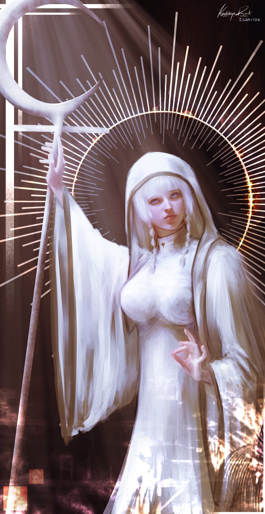 1girl absurdres blue_eyes braid breasts choujin_x crescent crescent_moon crescent_wand head_tilt highres holding holding_staff kartikeya_raut large_breasts looking_at_viewer moon nun robe shiruha_sora_(choujin_x) signature solo staff traditional_nun twin_braids twintails white_hair white_hood white_robe