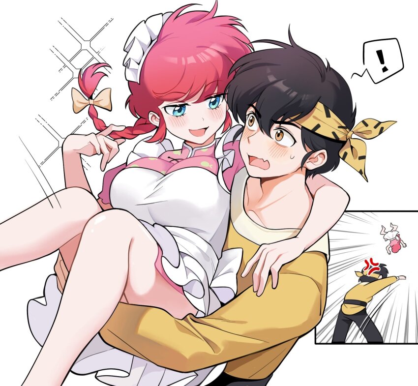 1boy 1girl apron bai_xin bandana black_hair blue_eyes blush braid braided_ponytail breasts carrying chinese_clothes commentary hibiki_ryouga highres maid_apron princess_carry ranma-chan ranma_1/2 red_hair symbol-only_commentary white_background yellow_bandana yellow_eyes