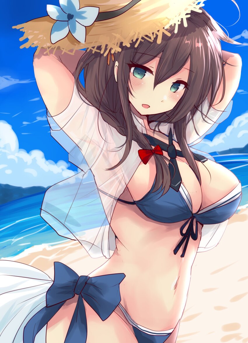 1girl absurdres beach bikini black_necktie blue_bikini blue_eyes blue_sky braid breasts brown_hair brown_hat cleavage cloud collared_shirt day dress_shirt front-tie_bikini_top front-tie_top hair_flaps hair_over_shoulder hat highres hirune_(konekonelkk) horizon kantai_collection large_breasts long_hair necktie ocean official_alternate_costume open_clothes open_shirt outdoors shigure_(kancolle) shigure_kai_san_(kancolle) shigure_kai_san_(swimsuit)_(kancolle) shirt side-tie_bikini_bottom single_braid sky solo straw_hat swimsuit white_shirt