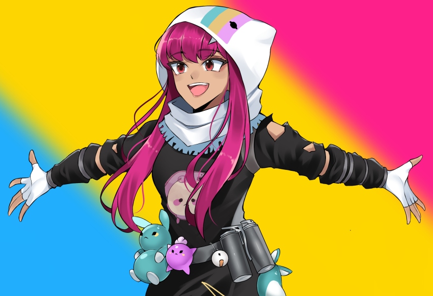 1girl blunt_bangs ehebai explosive fortnite gloves glumbunny_(fortnite) grenade gypsy hair_between_eyes highres hood hoodie long_hair pink_hair red_eyes romanian_flag simple_background solo stuffed_animal stuffed_rabbit stuffed_toy tagme torn_clothes