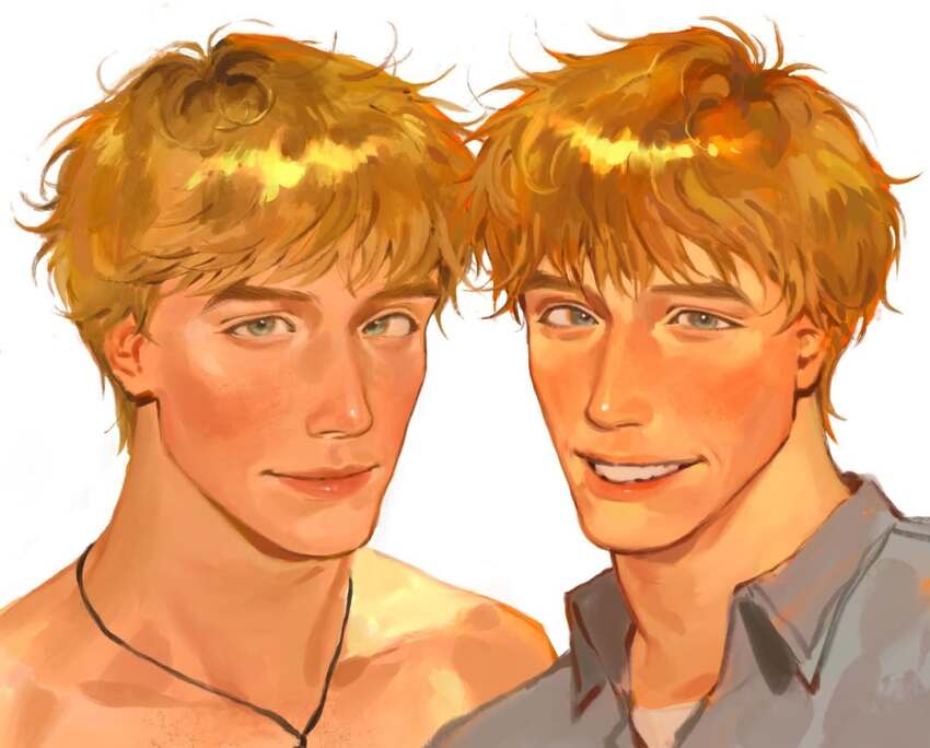 1boy blonde_hair blue_eyes choppy_bangs closed_mouth collared_shirt commentary english_commentary forked_eyebrows grey_shirt jewelry kunnuscumnus light_smile looking_at_viewer lucas_belmont_(kunnuscumnus) male_focus multiple_views necklace nose original portrait shirt short_hair simple_background smile teeth white_background