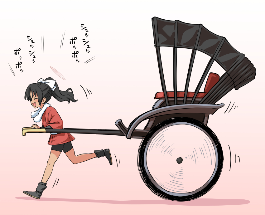 1girl bike_shorts black_hair black_shorts blue_archive closed_eyes commentary_request from_side gradient_background highres itou_yuuji japanese_clothes kimono medium_hair motion_lines open_mouth pink_background ponytail profile red_kimono rickshaw rickshaw_student_(blue_archive) running shorts simple_background smile solo towel towel_around_neck two-tone_background white_background yukata