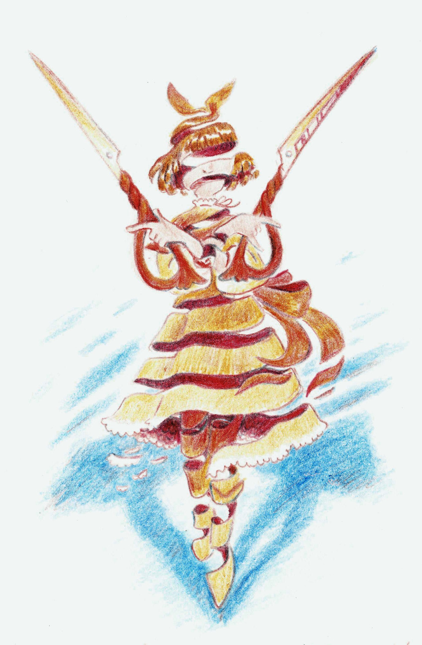 1girl absurdres bow brown_dress brown_hair brown_ribbon cassidy_tailor dress dual_wielding flash_cut frankenfossil gradient_clothes gradient_dress hair_bow highres holding ribbon scissors short_hair sleepless_domain solo standing traditional_media yellow_dress