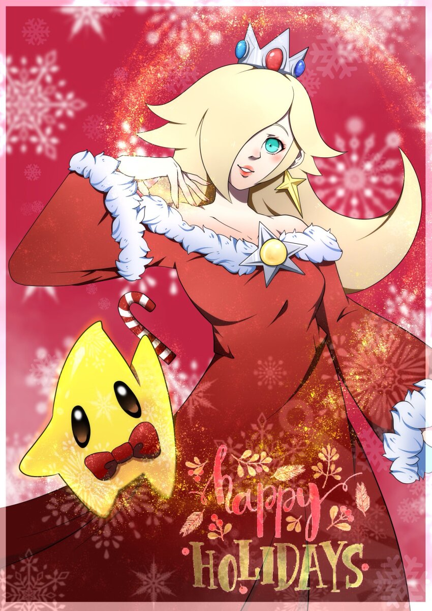 1girl alternate_color aqua_eyes asymmetrical_bangs bad_id bad_twitter_id blonde_hair bow bowtie brooch brown_hair candy candy_cane christmas commentary crown dress earrings english_commentary eyelashes feet_out_of_frame fingernails food fur-trimmed_dress fur-trimmed_sleeves fur_trim hair_over_one_eye happy_holidays highres holding holding_candy holding_candy_cane holding_food jewelry light_blush lipstick long_bangs long_dress long_hair long_sleeves looking_at_viewer luma_(mario) luo_qiangwei makeup mario_(series) mini_crown nintendo off-shoulder_dress off_shoulder open_mouth pink_nails red_background red_bow red_bowtie red_dress red_lips rosalina silver_crown smile snowflakes star_(symbol) star_brooch star_earrings teeth traditional_bowtie wide_sleeves