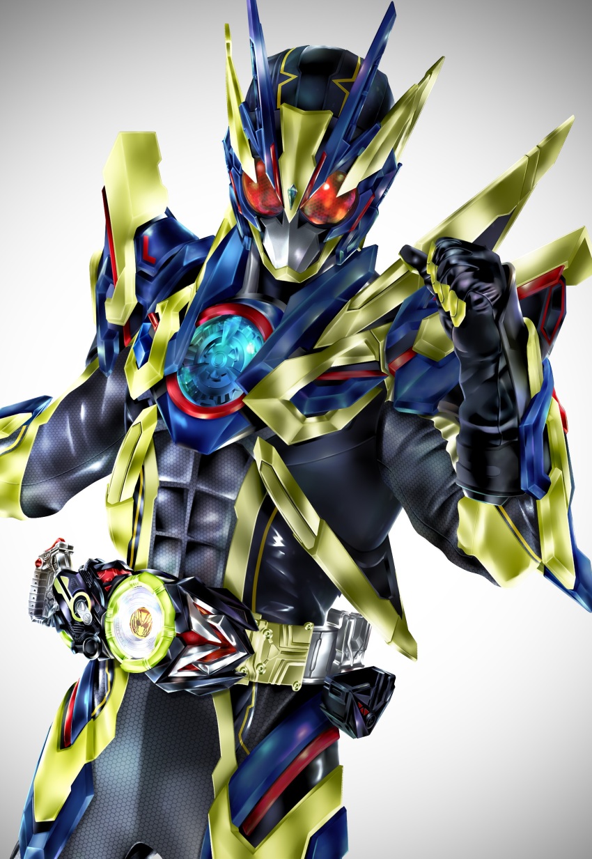 1boy absurdres antennae armor belt black_bodysuit blue_armor bodysuit compound_eyes rider_belt gloves glowing green_armor helmet highres kamen_rider kamen_rider_01_(series) kamen_rider_zero-one kuzurx male_focus multicolored_armor progrise_key red_eyes rider_belt shining_assault_hopper solo tokusatsu upper_body white_background zero_one_driver