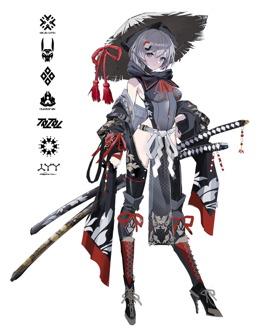 1girl belt black_thighhighs blue_eyes boots breasts commentary_request covered_navel full_body grey_hair hair_between_eyes hair_ornament hand_on_own_hip hat high_heels highres katana leotard long_hair looking_at_viewer off_shoulder original revision rice_hat sheath sheathed simple_background solo swav sword thighhighs weapon white_background