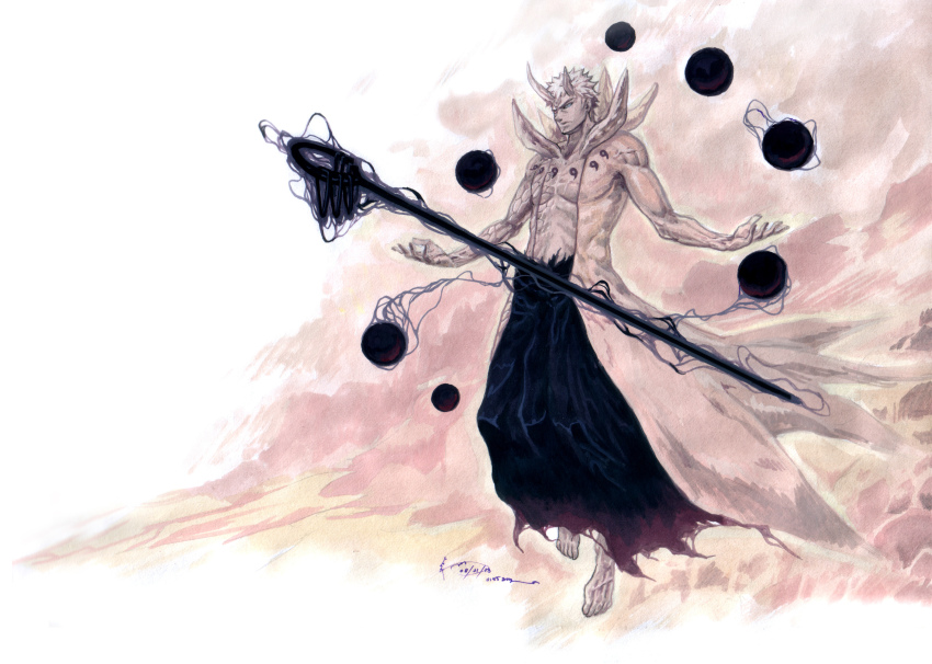1boy 2013 absurdres alternate_form aura baggy_pants black_pants blue_eyes cloud colored_skin cracked_skin dark_aura dated dominic_ian_cabatit energy_ball full_body grey_hair grey_skin gudoudama_(naruto) hands_up heterochromia highres horns long_coat male_focus naruto_(series) naruto_shippuuden orb pants red_eyes shakujou short_hair solo spiked_hair spikes staff timestamp tomoe_(symbol) uchiha_obito uchiha_obito_(juubi_jinchuriki)