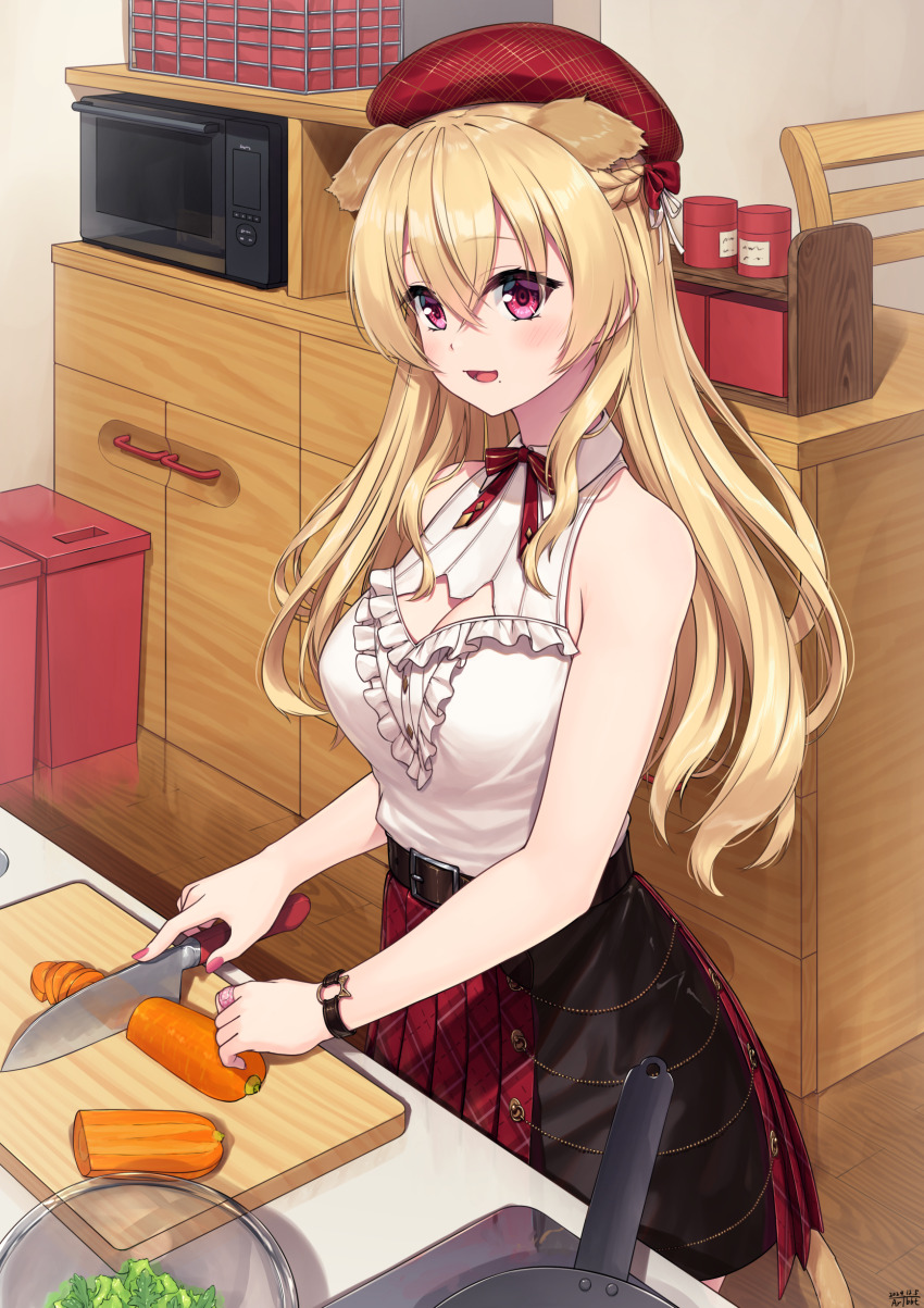 1girl absurdres animal_ears beret black_skirt blonde_hair bracelet braid breasts carrot cat_ears cat_tail chair cleavage cleavage_cutout clothing_cutout commentary_request commission crown_braid cutting_board dated frying_pan hat highres indie_virtual_youtuber jewelry kitchen_knife large_breasts long_hair looking_at_viewer microwave miniskirt mishima_aira mixing_bowl mole mole_under_mouth o-ring o-ring_bracelet open_mouth pink_nails red_hat shirt signature skeb_commission skirt sleeveless sleeveless_shirt smile solo tail traveler_(artbbt) virtual_youtuber