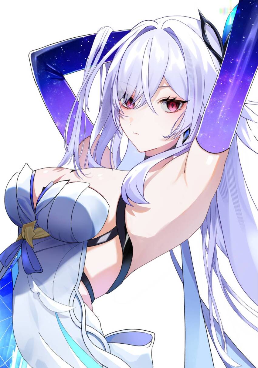 1girl arm_behind_head armpits arms_up bare_shoulders breasts cleavage closed_mouth commentary crossed_bangs diamond-shaped_pupils diamond_(shape) dress expressionless genshin_impact hair_between_eyes hair_intakes hair_lift hgpr2747 highres large_breasts long_hair looking_at_viewer prosthesis prosthetic_arm red_eyes short_dress simple_background skirk_(genshin_impact) solo symbol-shaped_pupils upper_body very_long_hair white_background white_dress white_hair