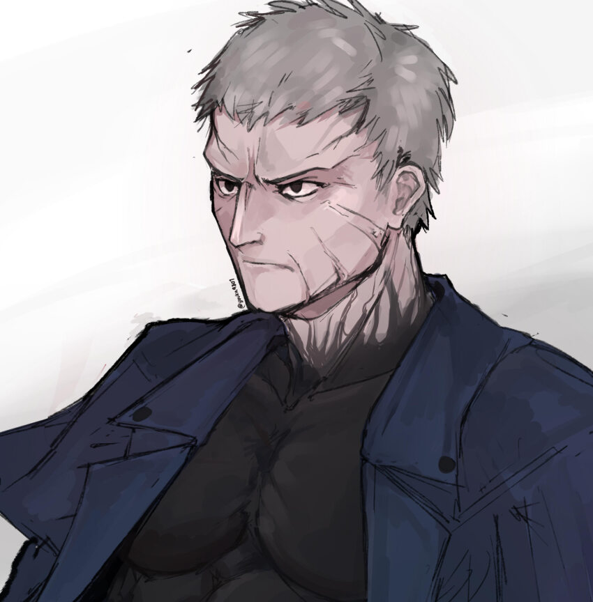 1boy black_coat black_hair coat expressionless grey_hair highres large_pectorals male_focus muscular muscular_male nrvnqsr_chaos open_clothes open_coat pectorals short_hair simple_background tsukihime white_background yuuka9801